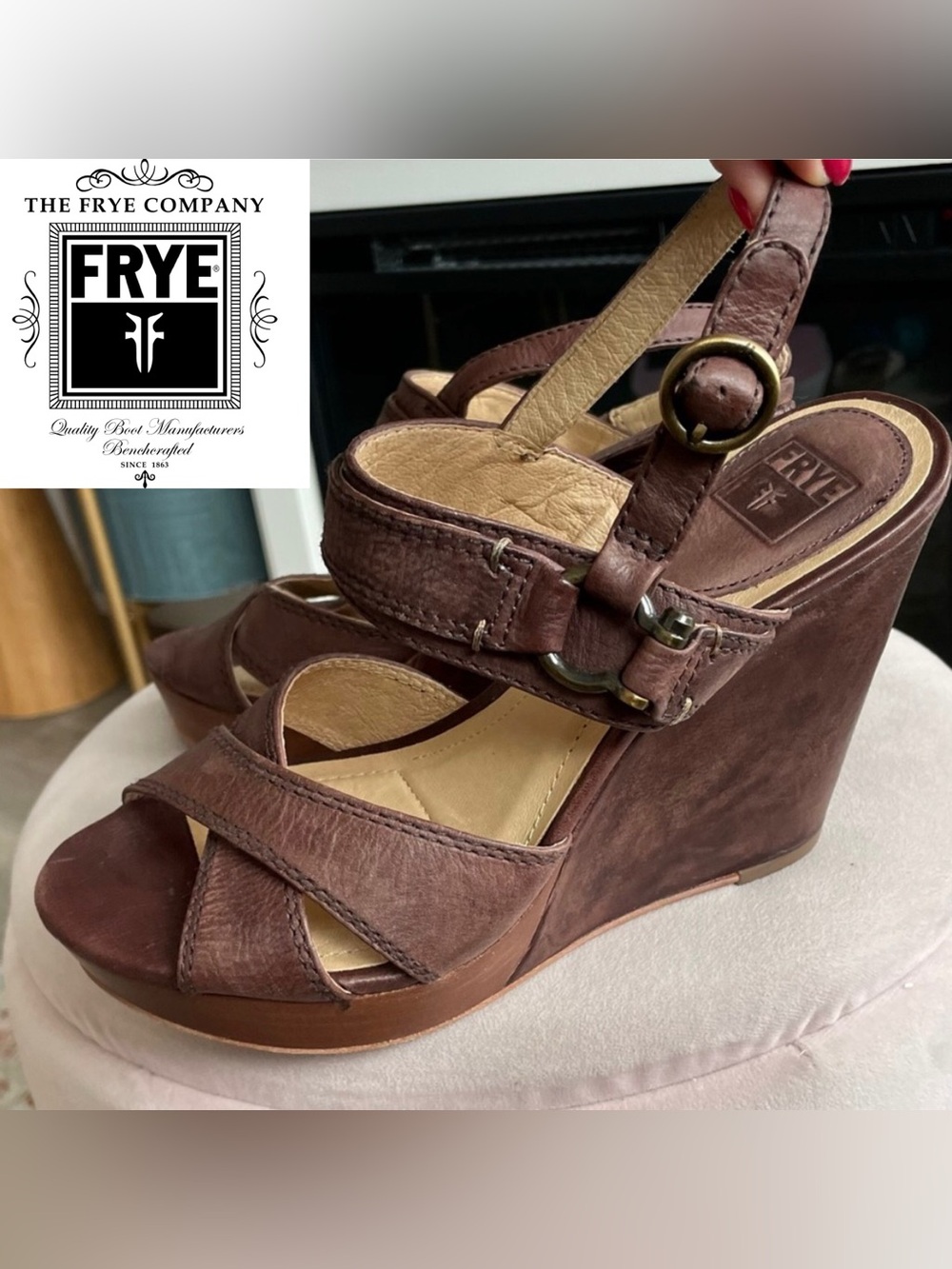 NWOT Frye Alexa Criss Cross Chocolate Brown Leather Suede Wedge Sandals